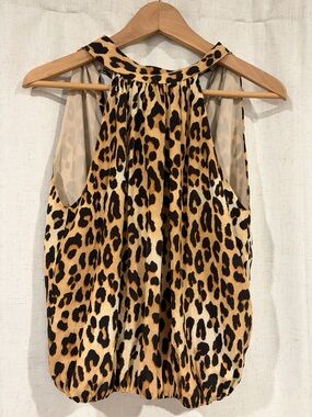 Alice + Olivia Leopard Halter Tie-Neck Blouse in Tan Black Cream
